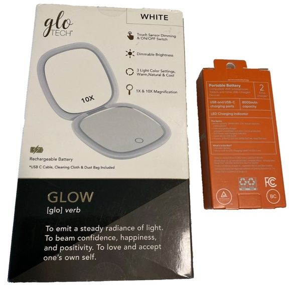Glo Tech LED Compact Mirror USB & 10X MAG 3 Light Settings White + Onn Powerbank - Picture 2 of 13